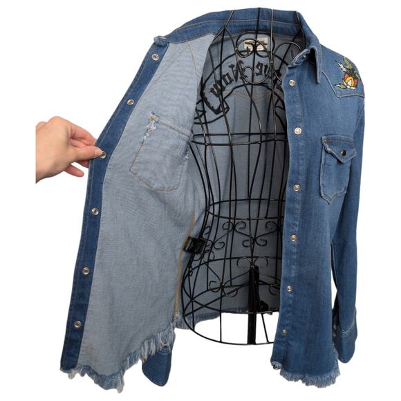Zadig & Voltaire Deluxe Thelma Love Now Embroidery Western Denim Button Shirt XS - Picture 8 of 15